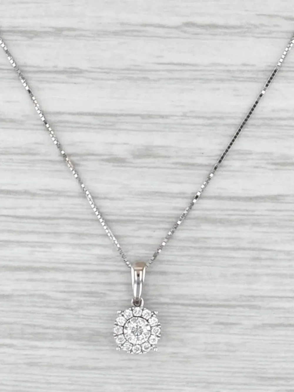 0.16ctw Diamond Halo Pendant Necklace 14k White Gold 16-18